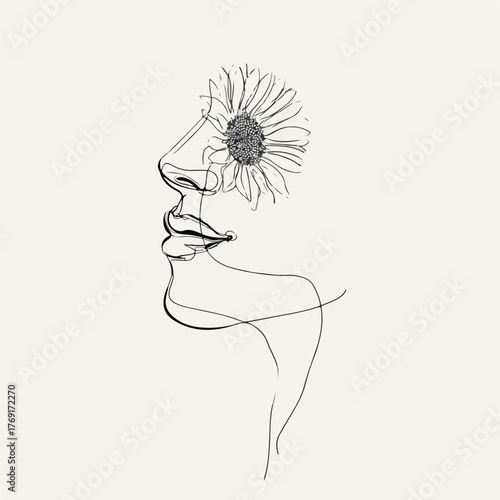 Elegant continuous line face with sunflower
