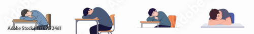 Set of tired people napping or sleeping on desks, illustrating exhaustion, burnout, academic fatigue, and overwork flat vector collection.