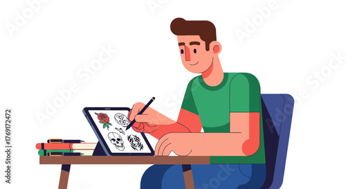 Digital Artist Designs Intricate Tattoo Art with Tablet on Dark Background