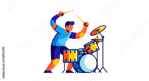 Energetic Musician Playing Drums with Bold Colors and Modern Artistic Style