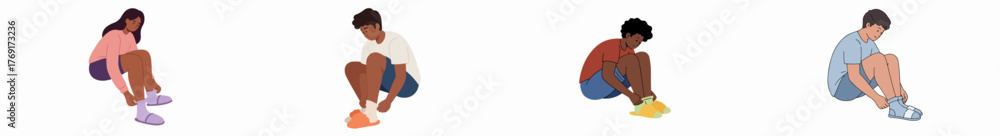Φωτογραφία Set of flat illustrations featuring diverse boys and girls putting on or taking off socks and shoes, isolated on white background