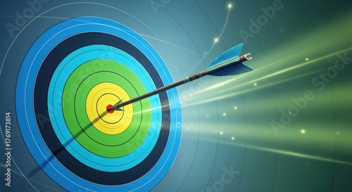 Pixelated Arrow Hits Colorful Target Center with Glowing Light Beams and Digital Network Background