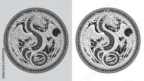 Cosmic Dragon Guardian: Winged Beast with Runes, Planets, and Mystical Orb in Night Sky