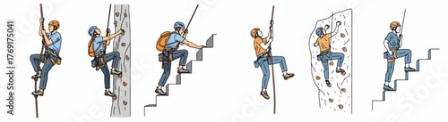 Rock climbing people on walls and poles