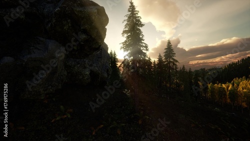Sunlight breaks through a dense forest, illuminating the rich greens of towering trees. The rocky terrain adds texture as a warm glow envelops the tranquil surroundings during a beautiful morning.