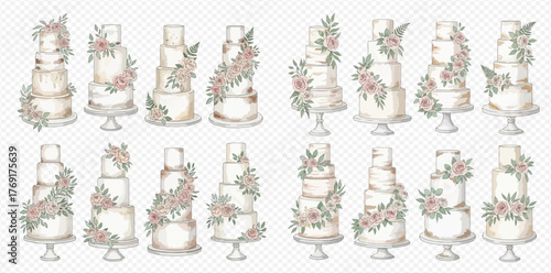 Elegant watercolor wedding cakes adorned with blush pink flowers and green foliage, perfect for celebrations.