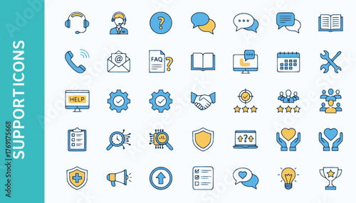 Customer support icon set for business, offering assistance with communication channels, problem solving, teamwork, and solutions, originally vector graphic
