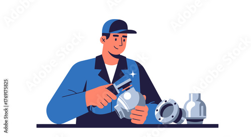 Engineer Inspecting and Assembling Metal Components for Industrial Mechanical Application