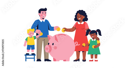 Family Saving Money in Piggy Bank for Goals for Future Finances Secure