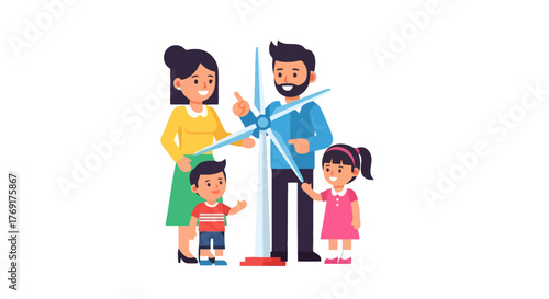 Family Showing Green Energy Development, Supporting Wind Turbine Technology For Future Generations