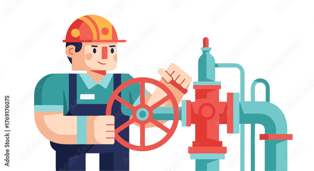Fototapeta premium Engineer Operating Valve In Simple Cartoon Illustration Depicting Industrial Processes