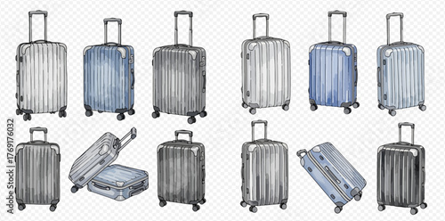 Watercolor illustrations of various modern travel suitcases in different shades of grey, silver, and blue, depicted upright, tilted, and lying flat.