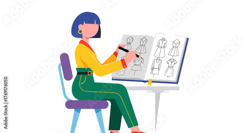 Fashion Designer Sketching Dress Designs On A Notebook During Work In The Studio