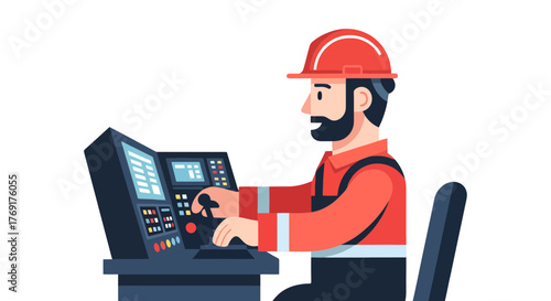 Engineer Operating Equipment in a Control Room, Illustrated in Modern, Minimalist Style