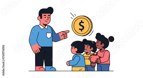 Father Teaches Children About Finance With Coin, Piggy Bank and Financial Education
