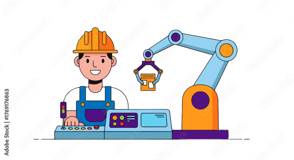 Fototapeta premium Factory Worker Operates Robotic Arm Manufacturing Process in Industrial Setting