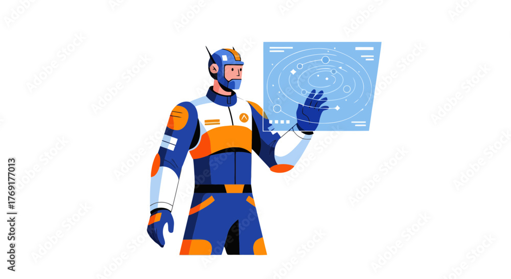 Fototapeta premium Futuristic Astronaut Interacting With A Holographic Display On A Dark Surface