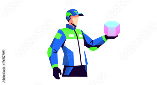 Futuristic Courier Presenting a Cubical Package In a Dark Backdrop With Vivid Colors
