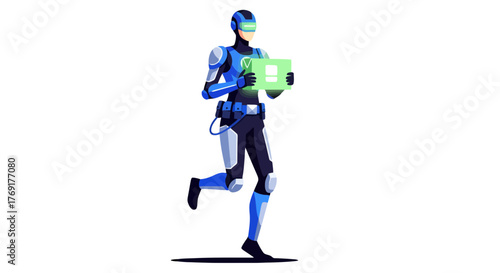 Futuristic Cyberpunk Courier Delivering Package In a Dramatic Dark Background Scene