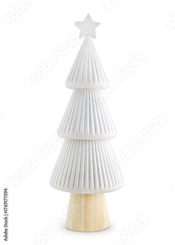 Minimalist eco-friendly white wooden Christmas tree in Scandinavian style.