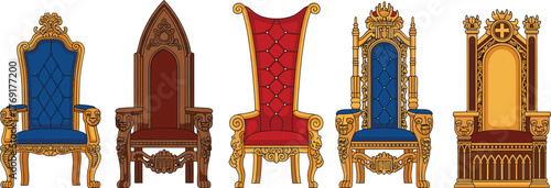 Royal throne collection, gothic ceremonial chairs, ornate regal seats, medieval furniture design, luxury palace interior, cad drawing flat vector illustration