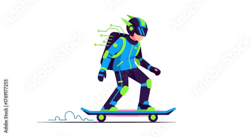Futuristic Skateboarder Gliding Through The Digital Landscape With Cybernetic Enhancements