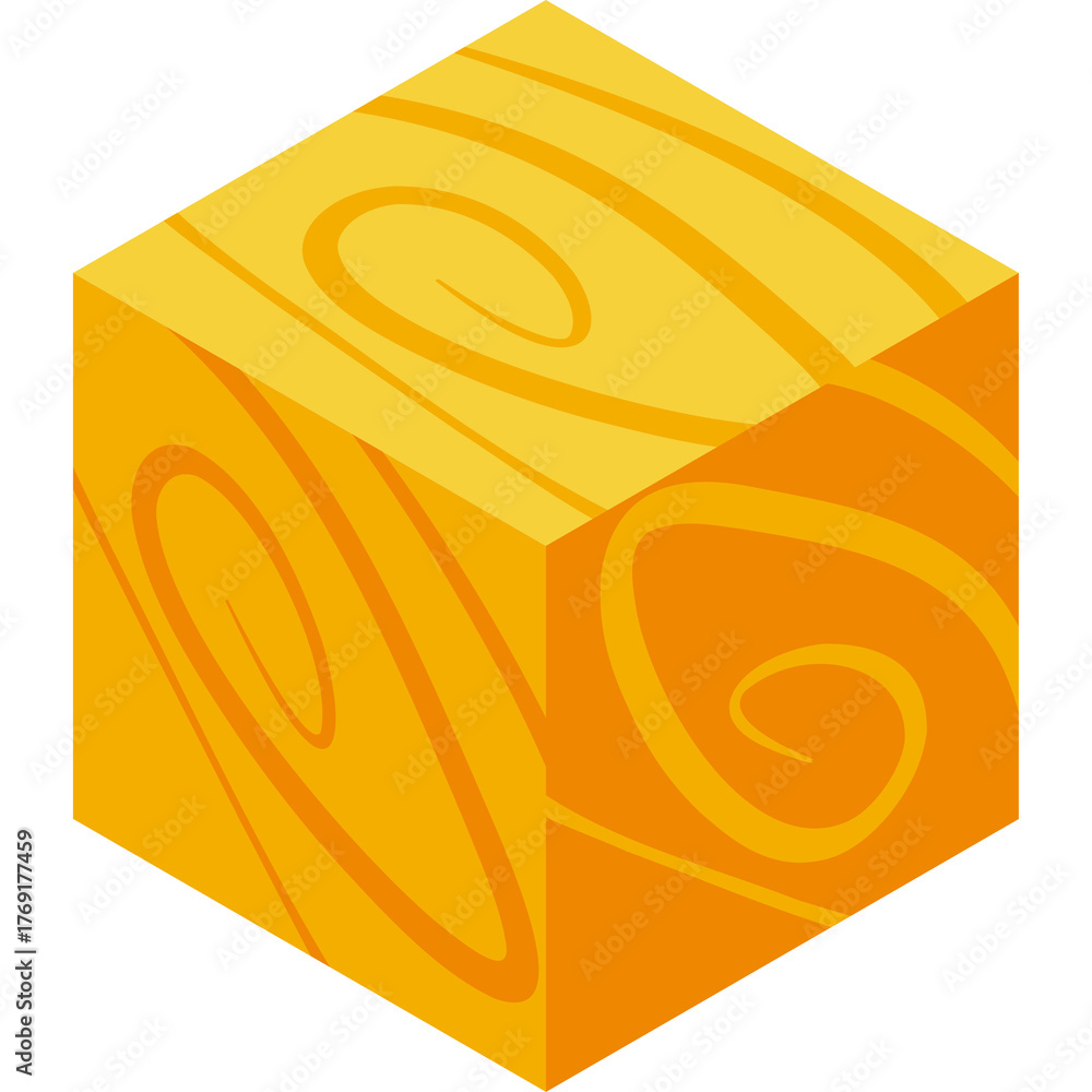 Obraz premium Isometric Wood Cube Block With Golden Swirl Grain Pattern Against Transparent Background Ideal For Game Design And Education Visuals