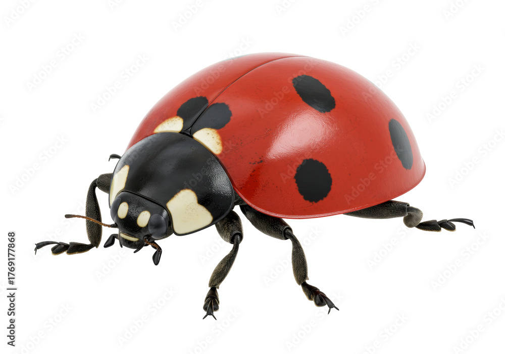 Naklejka premium Isolated ladybug closeup, vibrant red insect with black spots on its shell, clean and detailed
