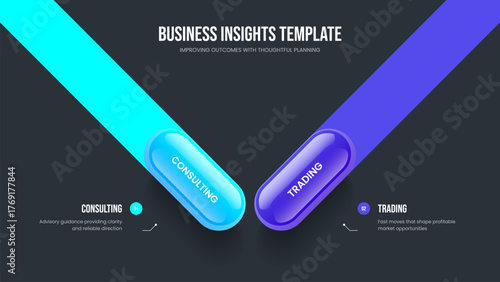 Market Launch 2 Element Diagram Slideshow Layout. Creative Strategy Two Option Infographic Frame Template. Product Review Slide Design Vector Illustration.
