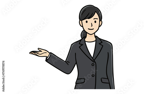 右手で案内するスーツ姿のビジネスウーマン（上半身・シンプルカラー）