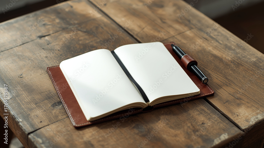 Fototapeta premium High Angle Open Blank Notebook on Wooden Desk Workplace