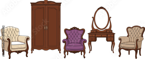 Vintage furniture set, antique armchairs, ornate wardrobe, classic vanity table, tufted upholstery detail, cad drawing flat vector illustration, interior decor