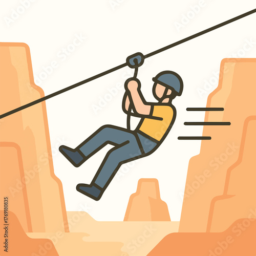 Climber Riding Zip Line Over Canyon