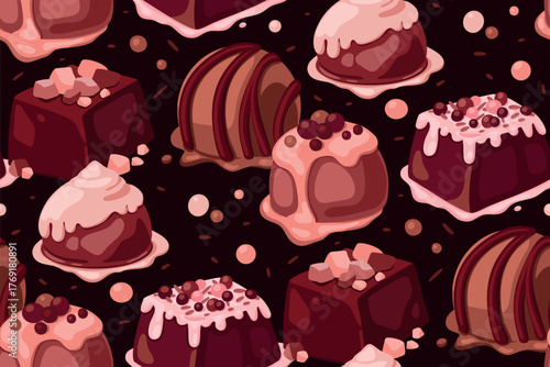 Seamless pattern with cartoon chocolates. Repeating texture with drawings of dark, milk chocolate sweets. Cute delicious candies on a brown background. Vector wallpaper, wrapping paper illustration.