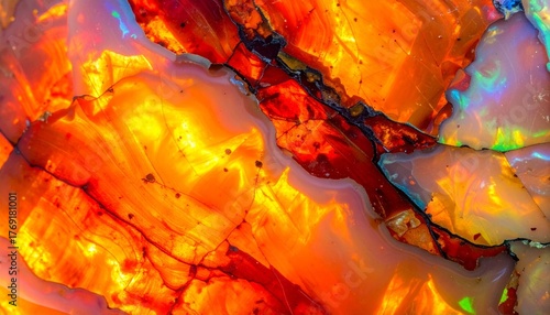 Opal gemstone close-up, fiery iridescent colors