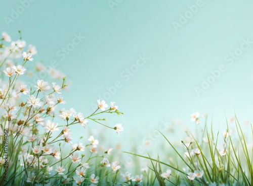 White Flowers and Grass on Light Blue Background