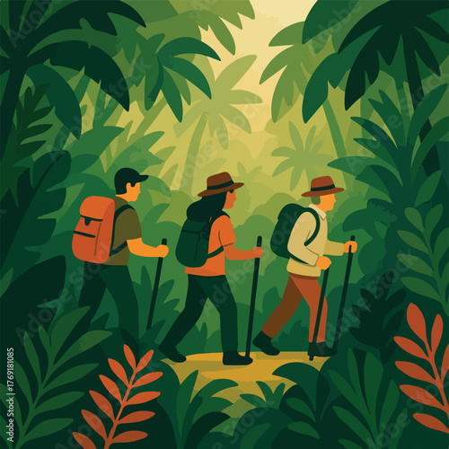 Hikers exploring jungle trail with backpacks and walking sticks