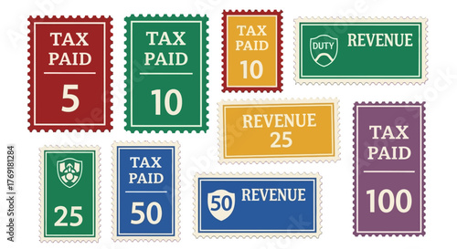Collection of vintage tax paid and government revenue stamps.