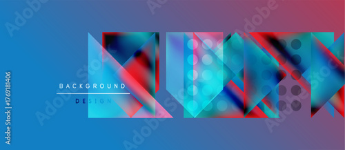 Abstract geometric shapes overlap, creating vibrant colorful design. Blue background contrasts with pink, red gradients. Modern aesthetic.