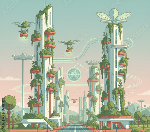 Futuristic eco-friendly cityscape with towering vertical gardens and automated drones delivering goods, a sustainable urban future