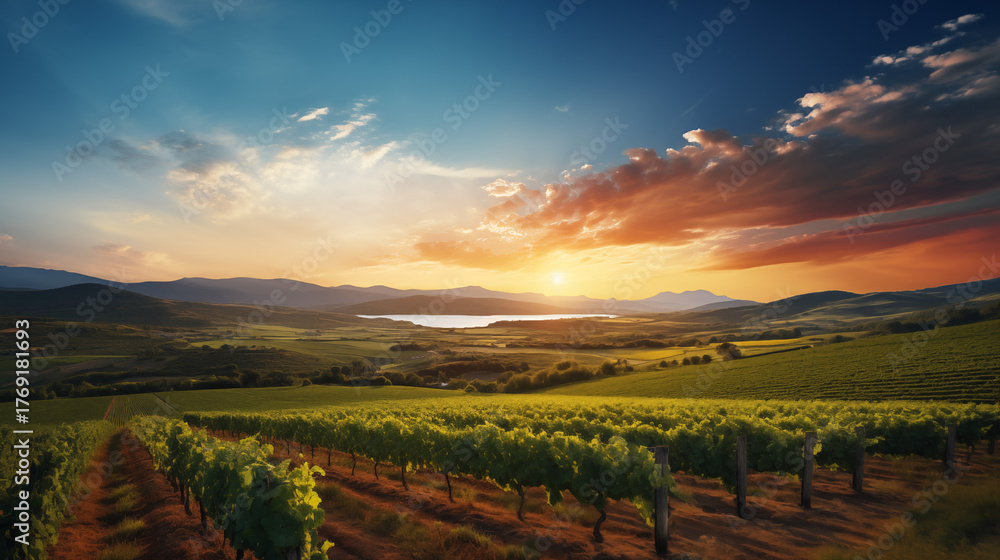Naklejka premium vineyard at sunset