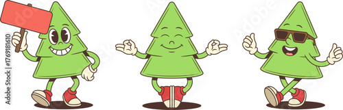 Cartoon character mascot vector illustration of a cheerful Christmas tree in three poses meditating with crossed legs walking in sunglasses and holding a red sign festive holiday concept