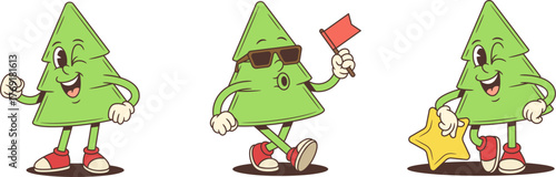 Cartoon character mascot vector illustration of a cheerful Christmas tree in three poses winking with a raised fist walking with a red flag and leaning on a gold star festive holiday