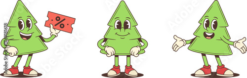 Cartoon character mascot vector illustration of a cheerful Christmas tree in three poses holding a red sale sign greeting with a smile and walking in big red boots festive holiday promotion concept