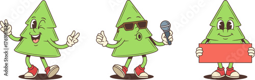 Cartoon character mascot vector illustration of a cheerful Christmas tree in three poses winking with peace sign singing into microphone and holding blank sign festive holiday celebration