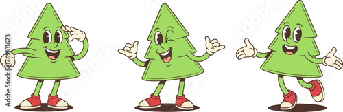 Cartoon character mascot vector illustration of a cheerful Christmas tree in three poses saluting making a shaka gesture and welcoming with open arms festive holiday celebration concept