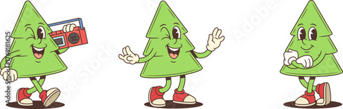 Cartoon character mascot vector illustration of a cheerful Christmas tree in three poses carrying a boombox dancing with thumbs up and standing with crossed arms festive holiday