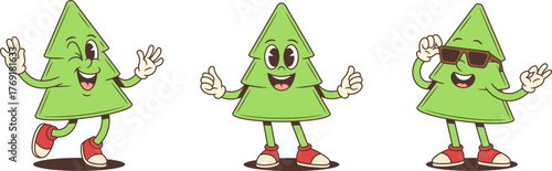 Cartoon character mascot vector illustration of a cheerful Christmas tree in three poses dancing happily showing thumbs up gesture and adjusting sunglasses festive holiday