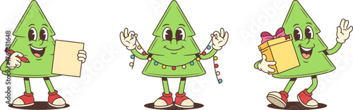 Festive cartoon Christmas tree character mascot vector illustration set. Features tree writing with paper and pencil, tree decorating with garland and tree holding gift box Holiday preparation concept