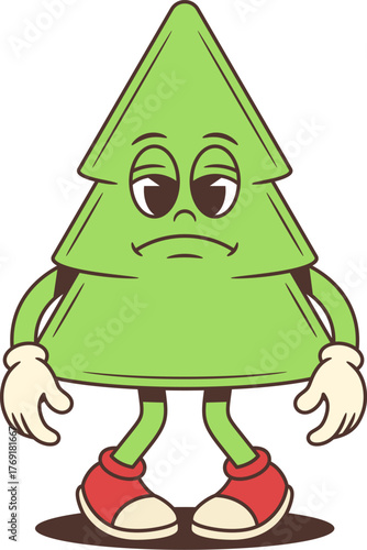 Sad cartoon Christmas tree character mascot standing with disappointed expression. Cute vector illustration for holiday cards winter celebration design in green red beige colors isolated on white